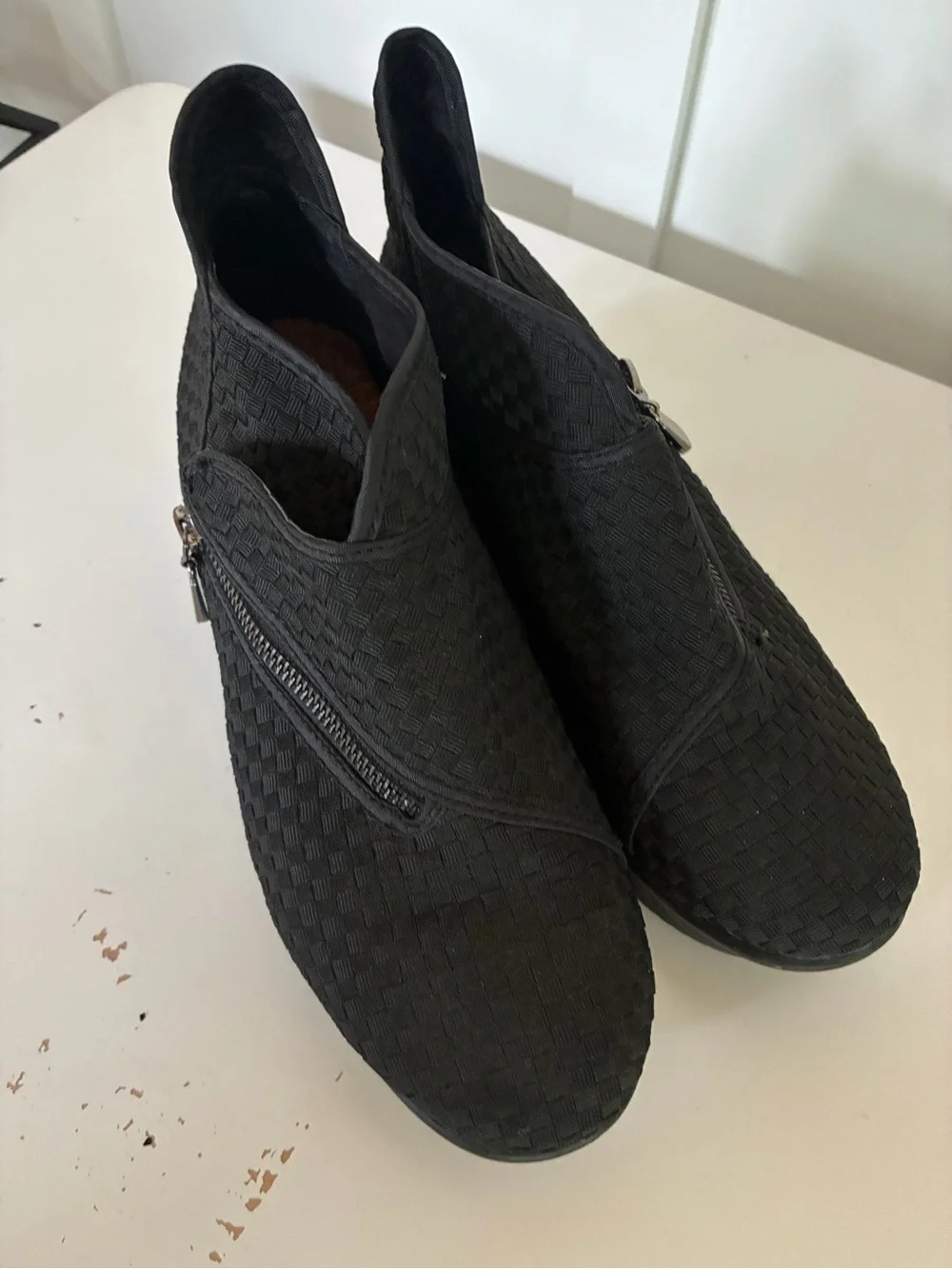 bernie mev. Black Woven Wedge Booties with Side Zipper